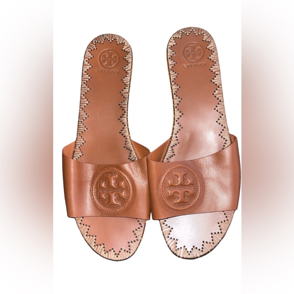 Tory Burch Brown Leather Slide Sandals with Logo Medallion